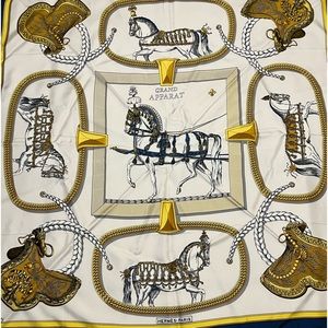 Hermes silk scarf- gorgeous cream color with golds and dark blue detailing!